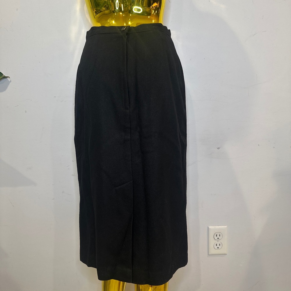 Vintage 60s 100% Wool Black Midi Pencil Skirt High Waisted Back Vent 28" 6 S